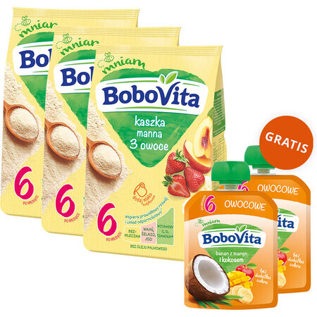 BoboVita Porridge manna set, 3 frutti, senza latte, dopo 6 mesi, 3 x 180 g + mousse in tubo, banana con mango e cocco, 2 x 80 g gratis