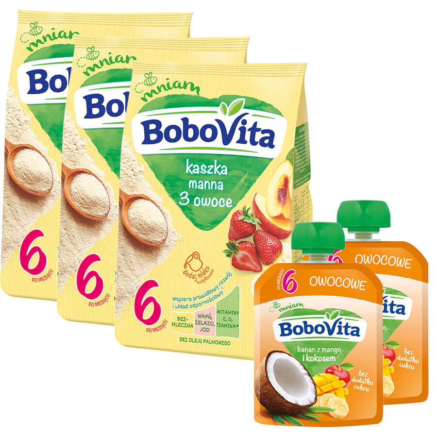 BoboVita Porridge manna set, 3 frutti, senza latte, dopo 6 mesi, 3 x 180 g + mousse in tubo, banana con mango e cocco, 2 x 80 g gratis