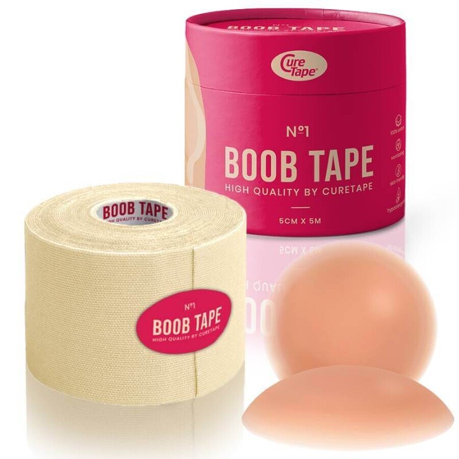 CureTape Boob Tape, bandă elastică pentru modelarea și susținerea bustului cu mameloane, bej, 5 cm x 5 m, 1 buc