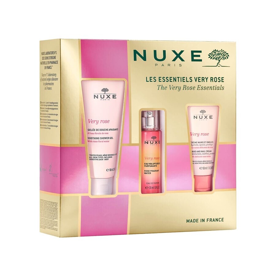 Set Nuxe Very Rose, crema mani e unghie, 50 ml + gel doccia, 100 ml + eau de parfum alla rosa, 30 ml