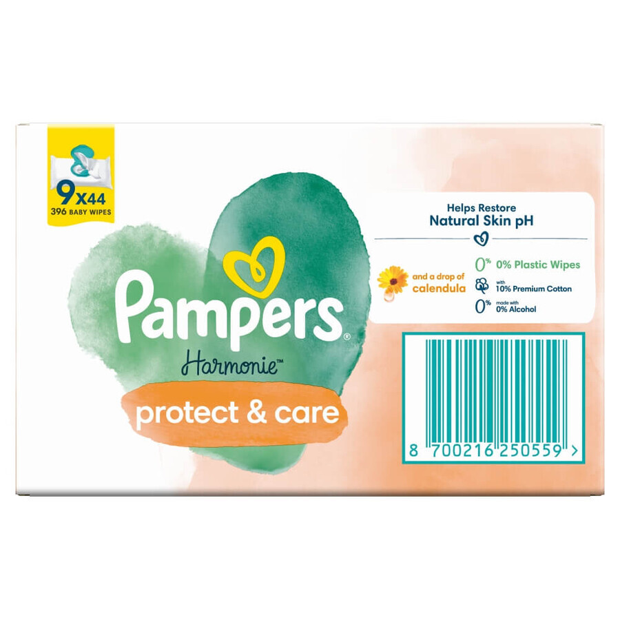 Pampers Harmonie Protect & Care, toallitas húmedas, 9 x 44 unidades