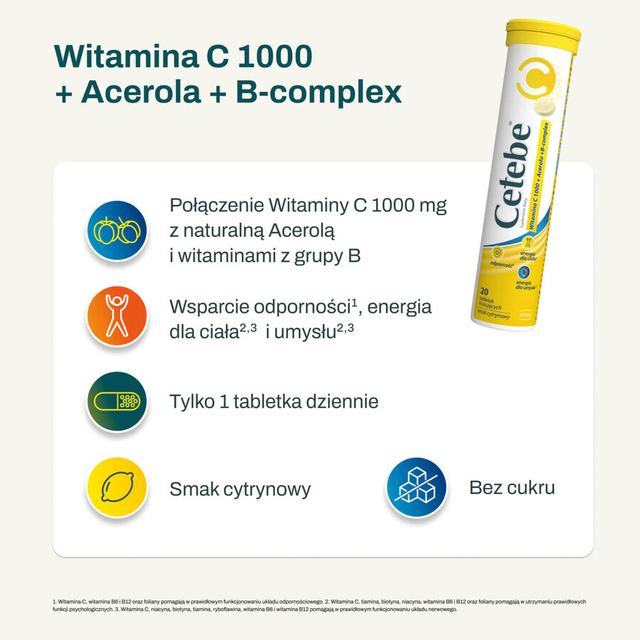 Cetebe Vitamina C 1000 + Acerola + Complejo B, sabor limón, 20 comprimidos efervescentes