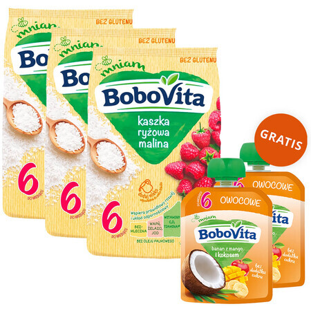 Set BoboVita Porridge di riso, lampone, senza latticini, senza glutine, dopo 6 mesi, 3 x 180 g + mousse in tubo, banana con mango e cocco, 2 x 80 g gratis