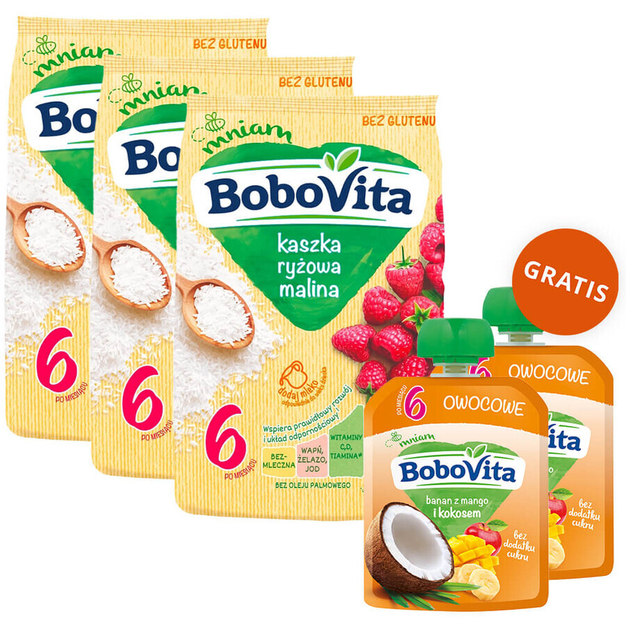 Set BoboVita Porridge di riso, lampone, senza latticini, senza glutine, dopo 6 mesi, 3 x 180 g + mousse in tubo, banana con mango e cocco, 2 x 80 g gratis