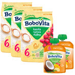 Set BoboVita Porridge di riso, lampone, senza latticini, senza glutine, dopo 6 mesi, 3 x 180 g + mousse in tubo, banana con mango e cocco, 2 x 80 g gratis