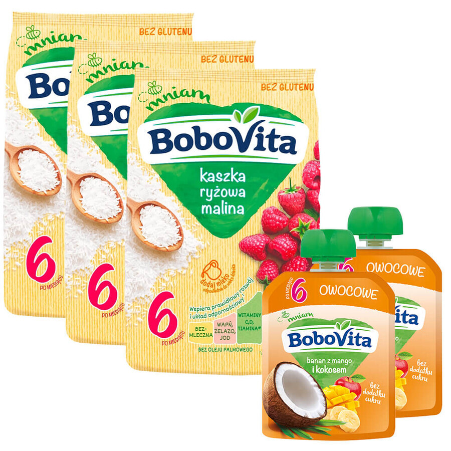 Set BoboVita Porridge di riso, lampone, senza latticini, senza glutine, dopo 6 mesi, 3 x 180 g + mousse in tubo, banana con mango e cocco, 2 x 80 g gratis