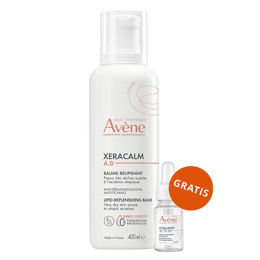 Avene XeraCalm A.D, lozione lipidica ricostituente per viso e corpo, pelle molto secca, atopica e pruriginosa, 400 ml + Hyaluron Activ B3, siero ricostituente, 10 ml in omaggio