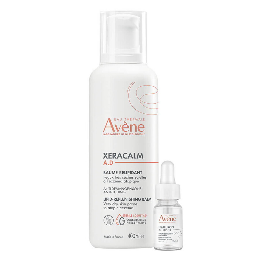 Avene XeraCalm A.D, lozione lipidica ricostituente per viso e corpo, pelle molto secca, atopica e pruriginosa, 400 ml + Hyaluron Activ B3, siero ricostituente, 10 ml in omaggio