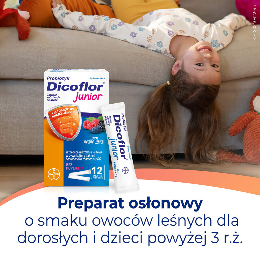 Dicoflor Junior, per bambini dai 3 anni e adulti, gusto frutti di bosco, 2 x 12 bustine