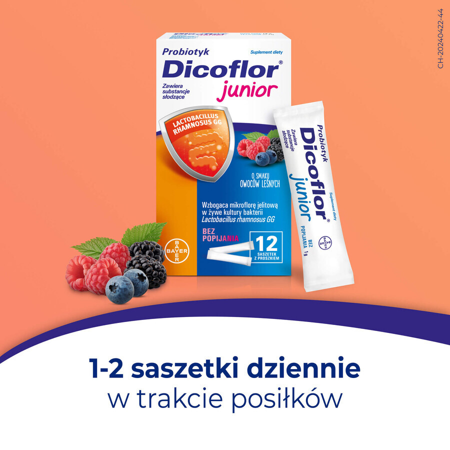 Dicoflor Junior, per bambini dai 3 anni e adulti, gusto frutti di bosco, 2 x 12 bustine