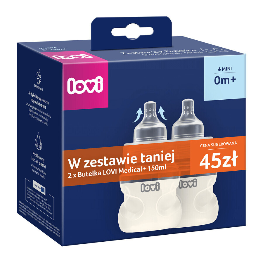 Set Lovi Medical+, biberon anticolica con tettarella dinamica, mini, dalla nascita, 2 x 150 ml