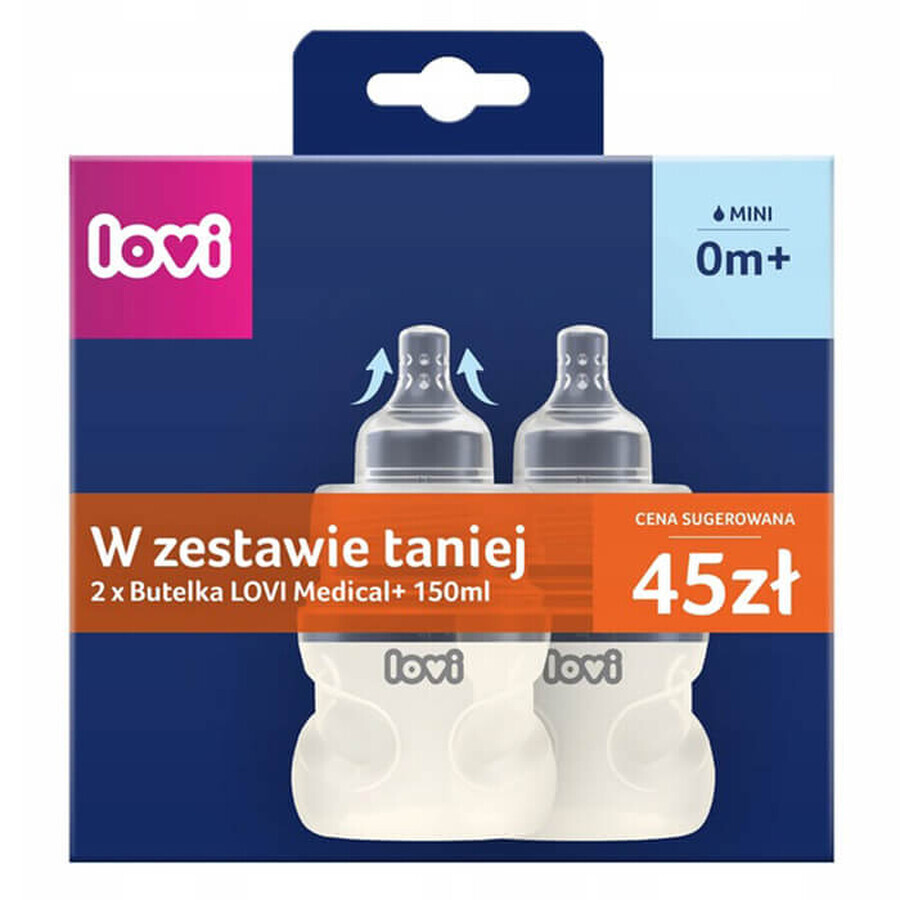 Set Lovi Medical+, biberon anticolica con tettarella dinamica, mini, dalla nascita, 2 x 150 ml