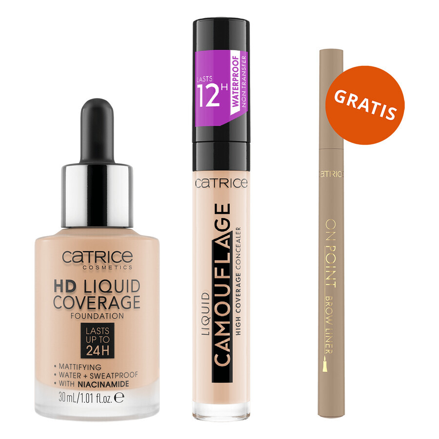 Catrice HD Liquid Coverage Foundation 24H, Fondotinta liquido, 030 Sand Beige, 30 ml + Correttore viso liquido, 005 Light Natural, 5 ml + Eyebrow Liner gratuito