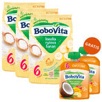 Set BoboVita Porridge di riso, banana, senza latticini, senza glutine, dopo 6 mesi, 3 x 180 g + mousse in tubo, mousse di banana con mango e cocco, 2 x 80 g gratis