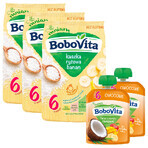 Set BoboVita Porridge di riso, banana, senza latticini, senza glutine, dopo 6 mesi, 3 x 180 g + mousse in tubo, mousse di banana con mango e cocco, 2 x 80 g gratis