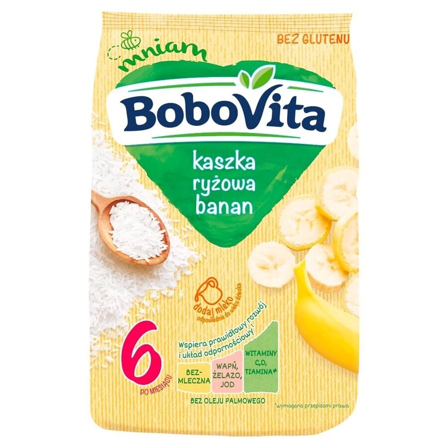 Set BoboVita Porridge di riso, banana, senza latticini, senza glutine, dopo 6 mesi, 3 x 180 g + mousse in tubo, mousse di banana con mango e cocco, 2 x 80 g gratis