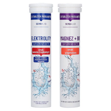 SEMA Lab Elettroliti, gusto frutta tropicale, 20 compresse effervescenti + SEMA Lab Magnesio + B6, gusto pompelmo, 20 compresse effervescenti CONFEZIONE CONTENUTA