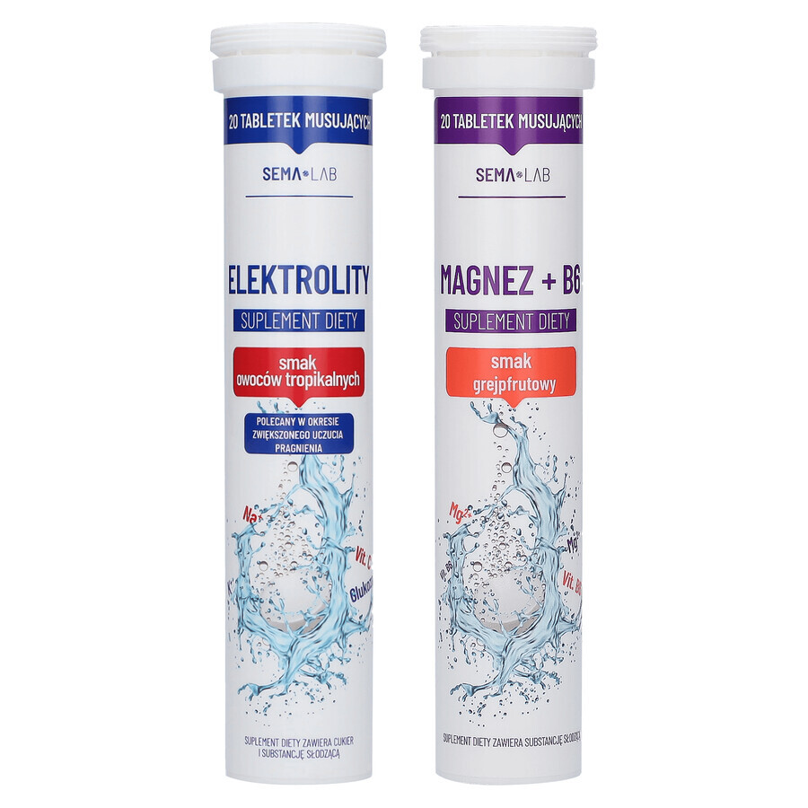 SEMA Lab Elettroliti, gusto frutta tropicale, 20 compresse effervescenti + SEMA Lab Magnesio + B6, gusto pompelmo, 20 compresse effervescenti CONFEZIONE CONTENUTA