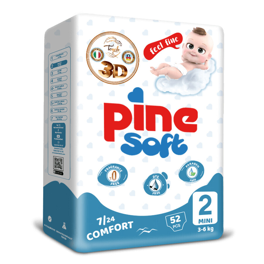 Pine Soft 3D, luiers, maat 2, Mini, 3-6 kg, 52 stuks