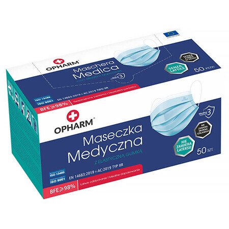 Opharm, maschera medica, monouso, 3 strati, tipo IIR, blu, 50 pezzi CONFEZIONE REDATTATA