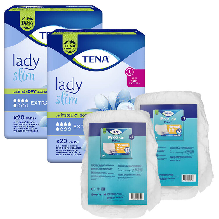 Tena Lady Slim Set, Spezialbinden, Extra, 2 x 20 Stück + ProSkin Pants Absorbent Normal Panty, Größe M und L, 2 Proben