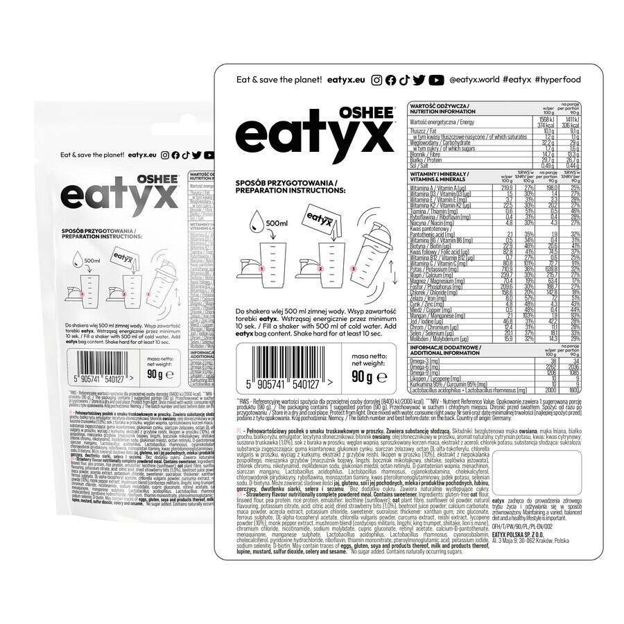 OSHEE Eatyx, polvo para comidas frías, vegano, fresa, 90 g