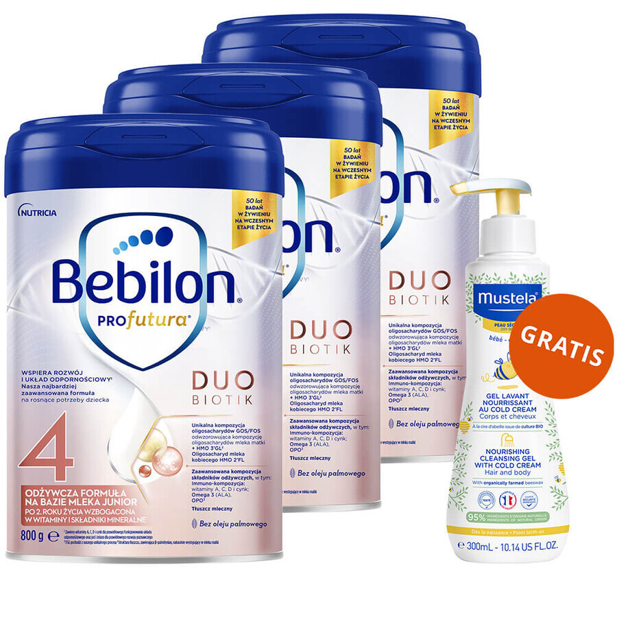 Set Bebilon Profutura Profutura DuoBiotik 4, formula nutriente a base di latte, dopo 2 anni, 3 x 800 g + Mustela Bebe Enfant, gel lavante nutriente, 300 ml in omaggio