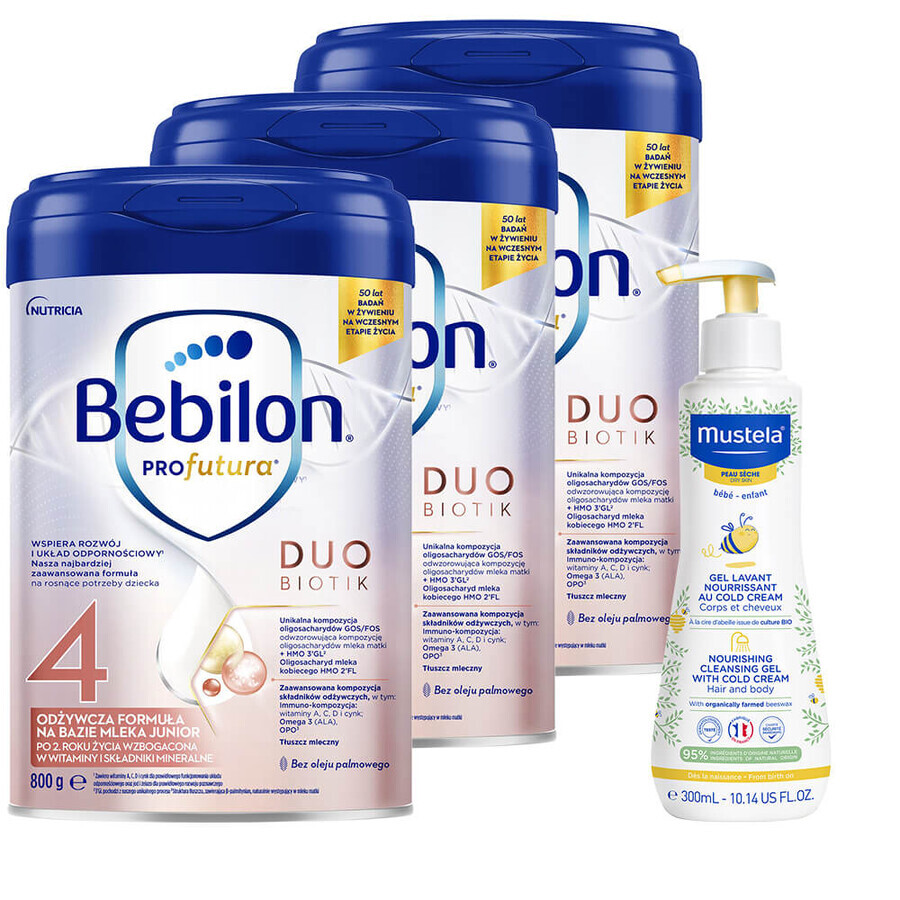 Set Bebilon Profutura Profutura DuoBiotik 4, formula nutriente a base di latte, dopo 2 anni, 3 x 800 g + Mustela Bebe Enfant, gel lavante nutriente, 300 ml in omaggio