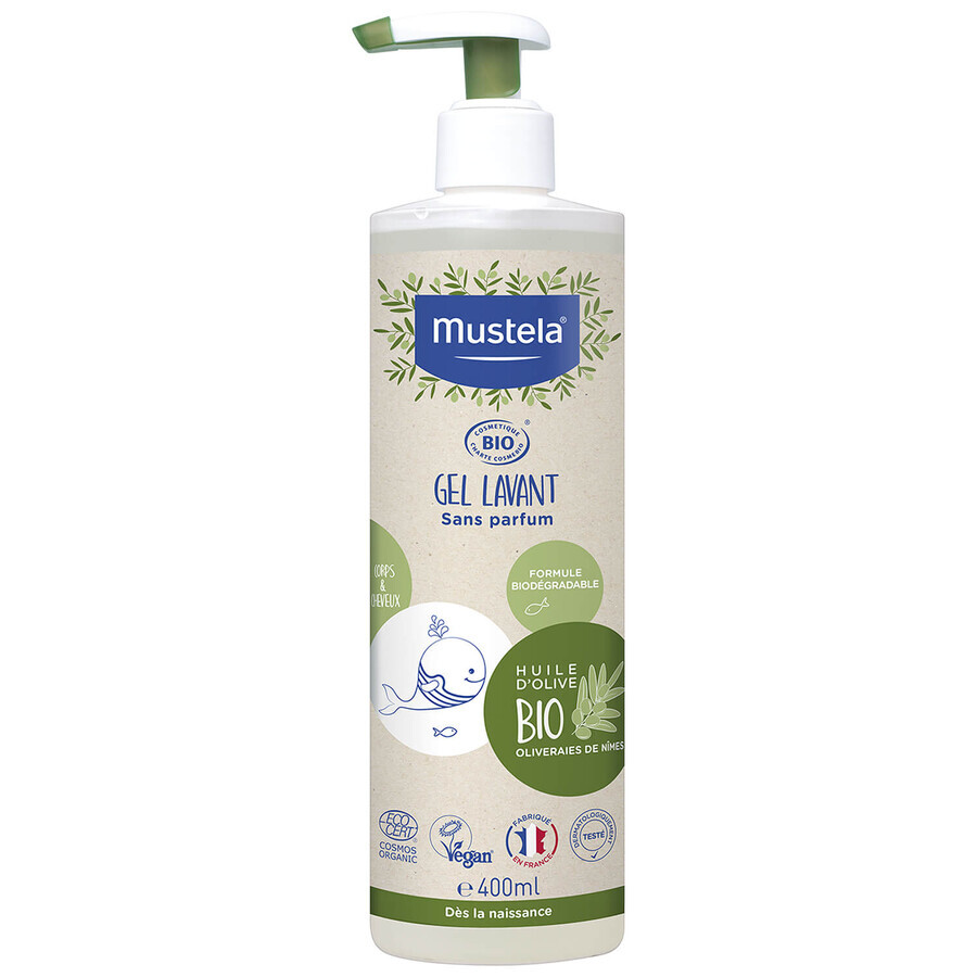 Set Mustela Bio, gel detergente per corpo e capelli, 400 ml + acqua micellare senza risciacquo, 400 ml + pannolino in bambù in omaggio