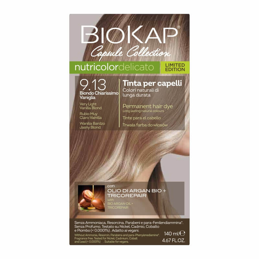 Biokap Nutricolor Nutricolor Delicato, coloración capilar, 9.13 vainilla rubio muy claro, 140 ml