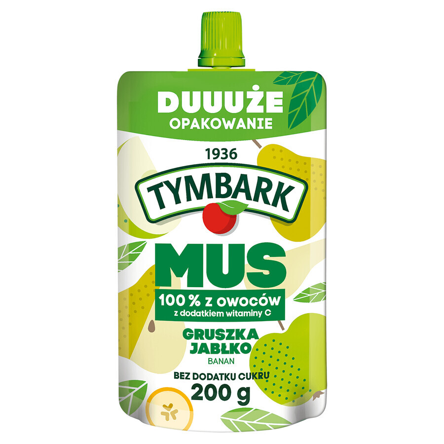 Tymbark 100% Mousse în tub, pere, mere, banane, fără zahăr adăugat, 200 g