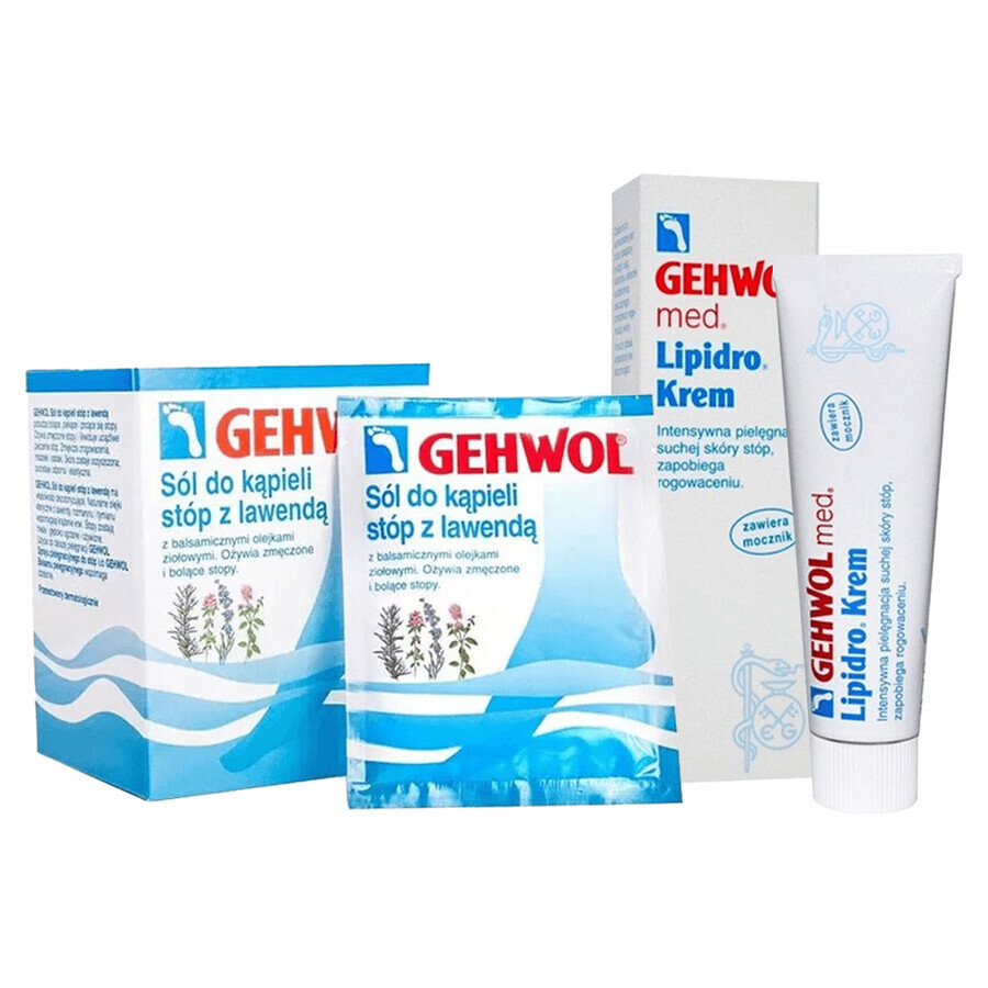 Set Gehwol med Lipidro idratante per piedi 75 ml + sale da pediluvio alla lavanda, 20 g x 10 bustine