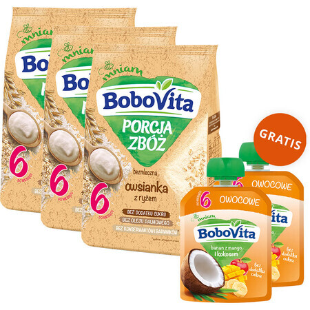 BoboVita Porcja Zbóż Porcja Zbóż Set Fiocchi d'avena con riso, senza latte, senza zuccheri aggiunti, dopo 6 mesi, 3 x 170 g + mousse in tubo, banana con mango e cocco, 2 x 80 g gratis