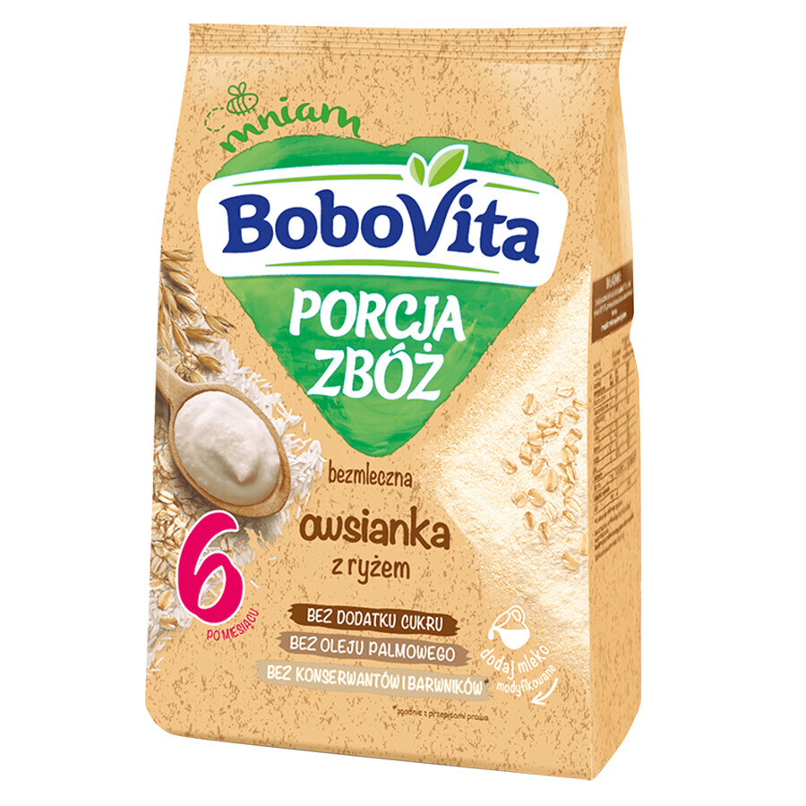 BoboVita Porcja Zbóż Porcja Zbóż Set Fiocchi d'avena con riso, senza latte, senza zuccheri aggiunti, dopo 6 mesi, 3 x 170 g + mousse in tubo, banana con mango e cocco, 2 x 80 g gratis