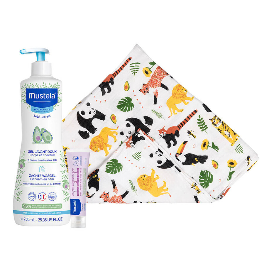 Set Mustela Bebe Enfant, gel lavatesta e corpo delicato, dalla nascita, 750 ml + crema fasciatoio 1,2,3, dalla nascita, 100 ml + pannolino in bambù in omaggio