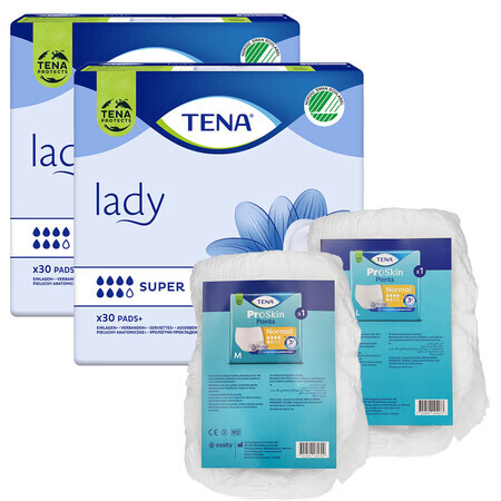 Set Tena Lady, prosoape sanitare specializate, Super, 2 x 30 buc + ProSkin Pants Chiloți absorbanți normali, mărimea M și L, 2 mostre