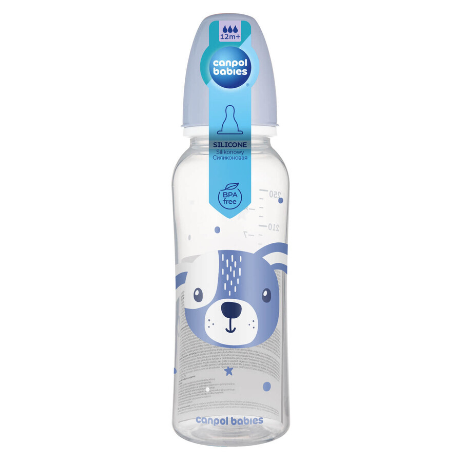 Canpol Babies, biberon slimline, Animale drăguțe, albastru, de la 12 luni, 250 ml