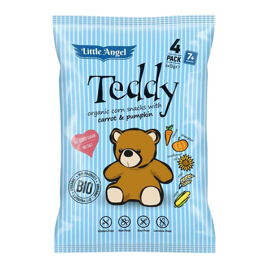 Little Angel Teddy Corn Crisps Bio, carota e zucca, dopo i 7 mesi, 4 x 15 g DATA SCORTA