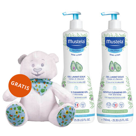 Set Mustela Bebe Enfant, lavaggio delicato del corpo e della testa, dalla nascita, 2 x 750 ml + confezione di orsetti in omaggio