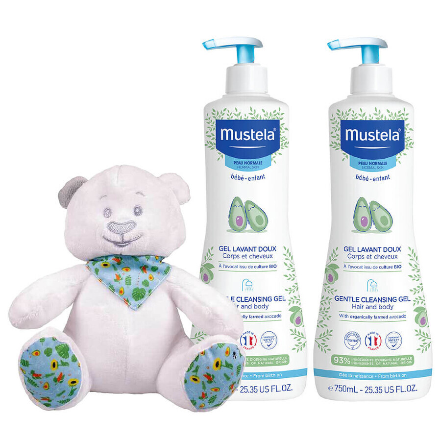 Set Mustela Bebe Enfant, lavaggio delicato del corpo e della testa, dalla nascita, 2 x 750 ml + confezione di orsetti in omaggio