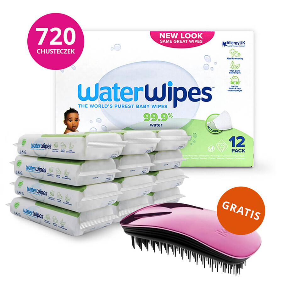 WaterWipes Soapberry Kids Bio, vochtige doekjes, water met zeepextract, vanaf de geboorte, 12 x 60 stuks + Ikoo Home, zonder haarborstel