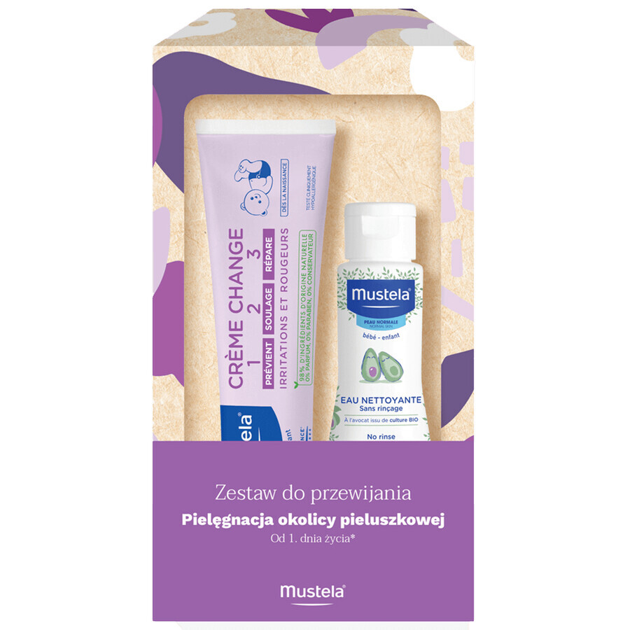 Mustela Changing Set, cleansing water, no rinse, 100 ml + 1-2-3 cream, from birth, 100 ml