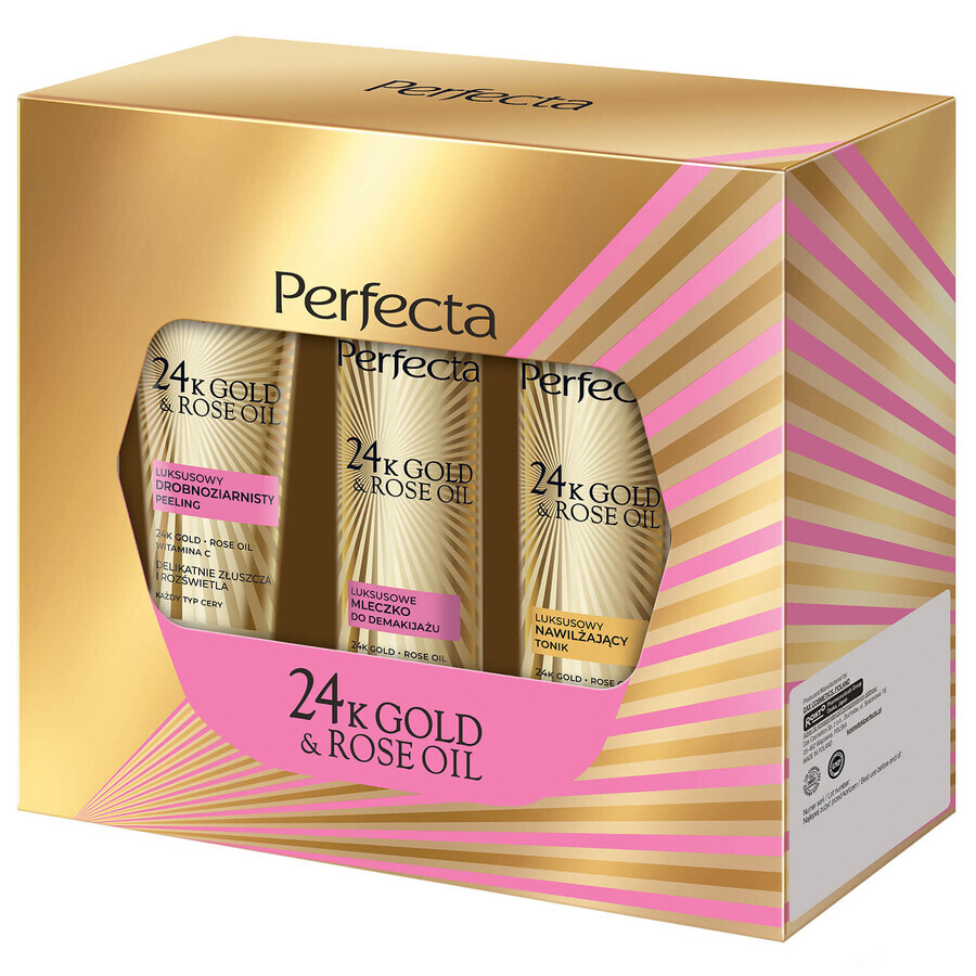 Set Perfecta 24K Gold & Rose Oil, scrub, 75 ml + detergente, 200 ml + tonico, 200 ml