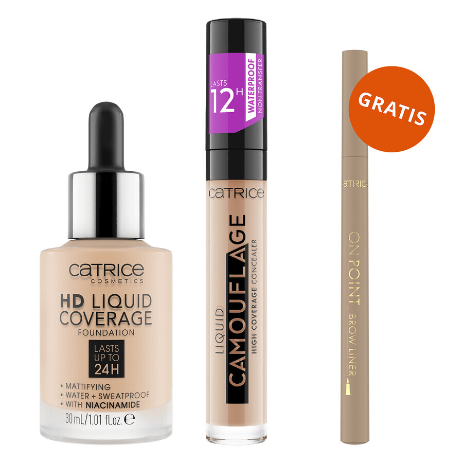 Catrice HD Liquid Coverage Foundation 24H, fondotinta liquido, 010 Light Beige, 30 ml + correttore liquido, 010 Porcellain, 5 ml + eye liner in omaggio