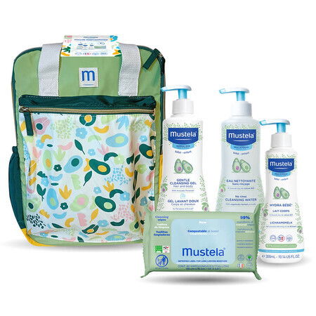 Mustela Layout Backpack, gel lavante, 500 ml + acqua detergente, 500 ml + latte per il corpo, 300 ml + salviette umidificate, 60 pezzi