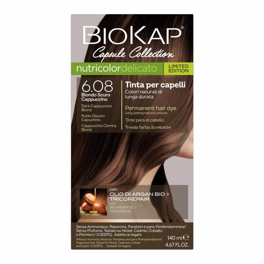 Biokap Nutricolor Delicato, hair color, 6.08 cappuccino dark blond, 140 ml