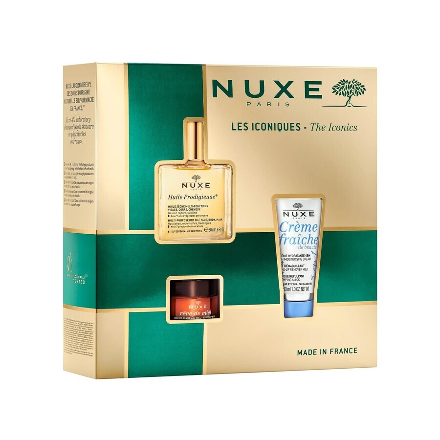 Nuxe Bestsellers set Huile Prodigieuse, droge olie, 50 ml + voedende lippenbalsem, 15 g + 3-in-1 hydraterende crème, 100 ml