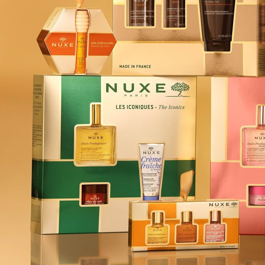 Nuxe Bestsellers set Huile Prodigieuse, droge olie, 50 ml + voedende lippenbalsem, 15 g + 3-in-1 hydraterende crème, 100 ml