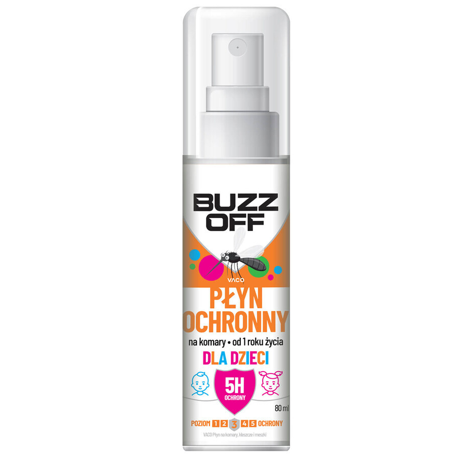 BuzzOff, protezione liquida contro zanzare, zecche e moscerini, per bambini da 1 anno, 80 ml