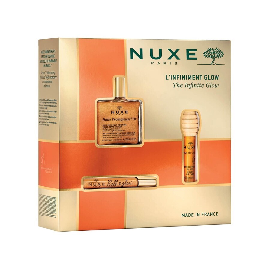 Nuxe Glow Huile Prodigieuse Or Set, Roll-on Öl, 8 ml + Lippenöl, 10 ml + Trockenöl, 50 ml